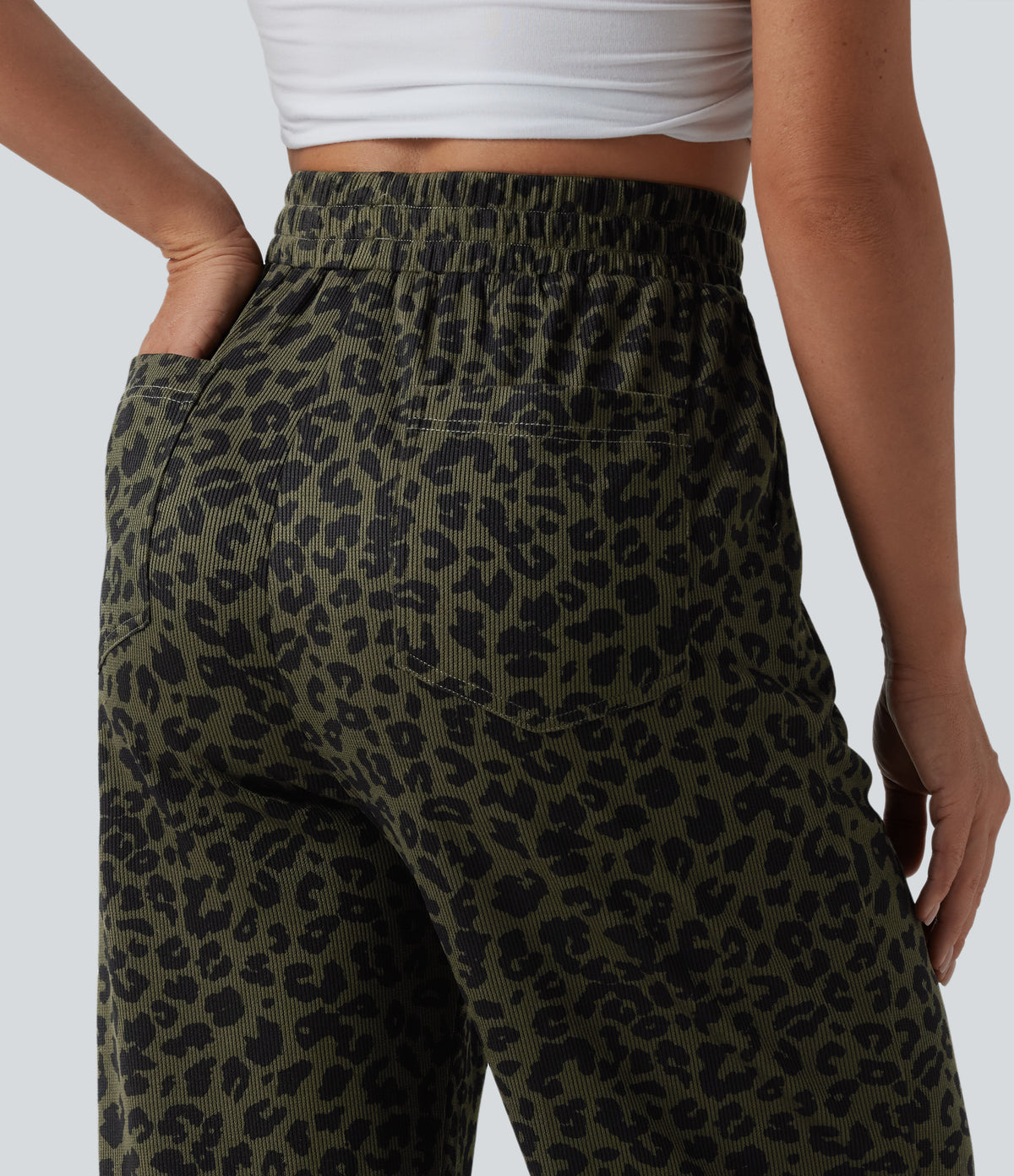 High Waisted Leopard Print Casual Joggers with Pockets — Olive Noir — view 5