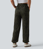 High Waisted Leopard Print Casual Joggers with Pockets — Olive Noir — view 2