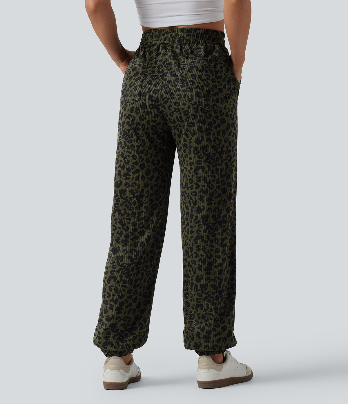 High Waisted Leopard Print Casual Joggers with Pockets — Olive Noir — view 2