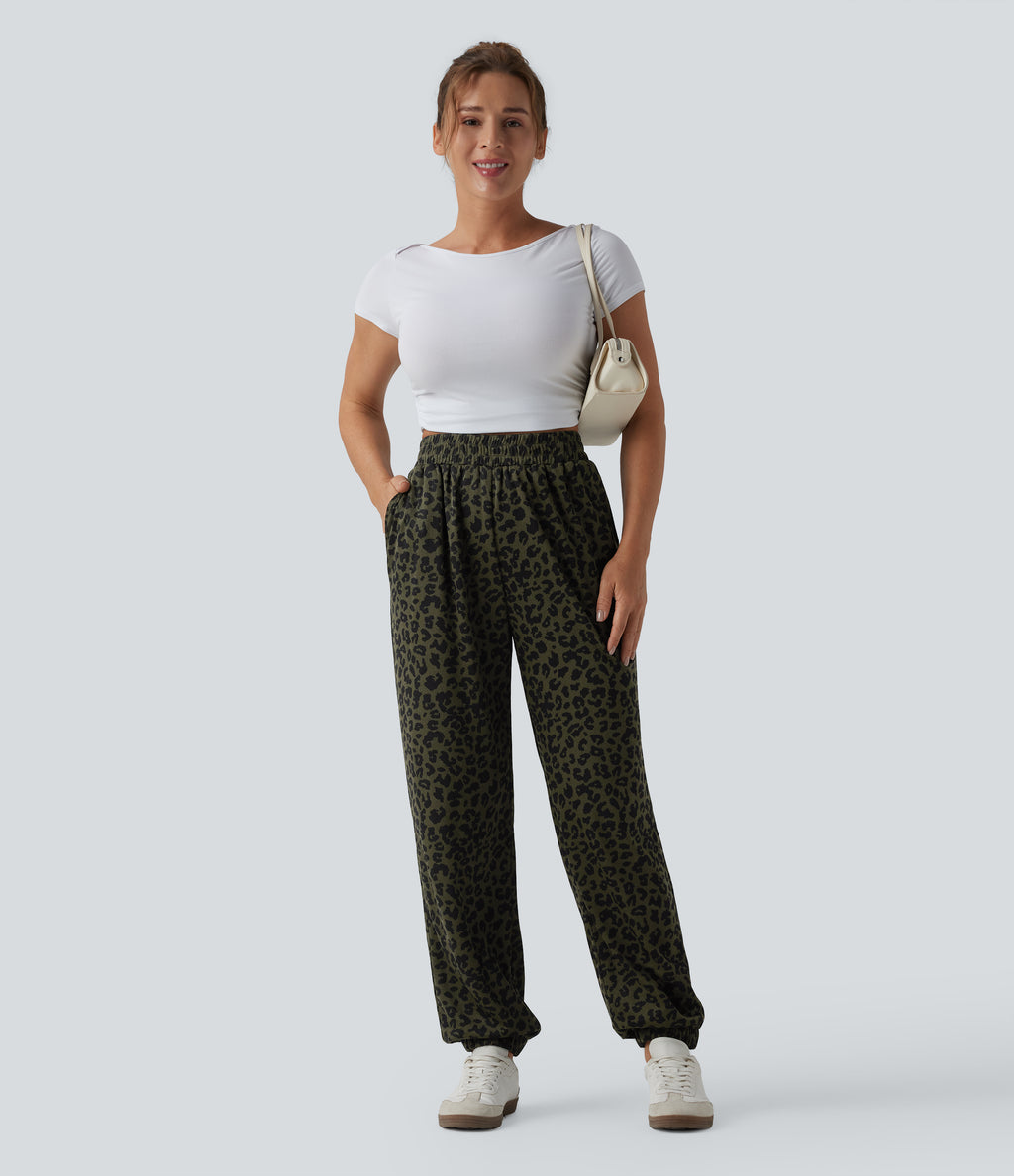 High Waisted Leopard Print Casual Joggers with Pockets — Olive Noir — view 7