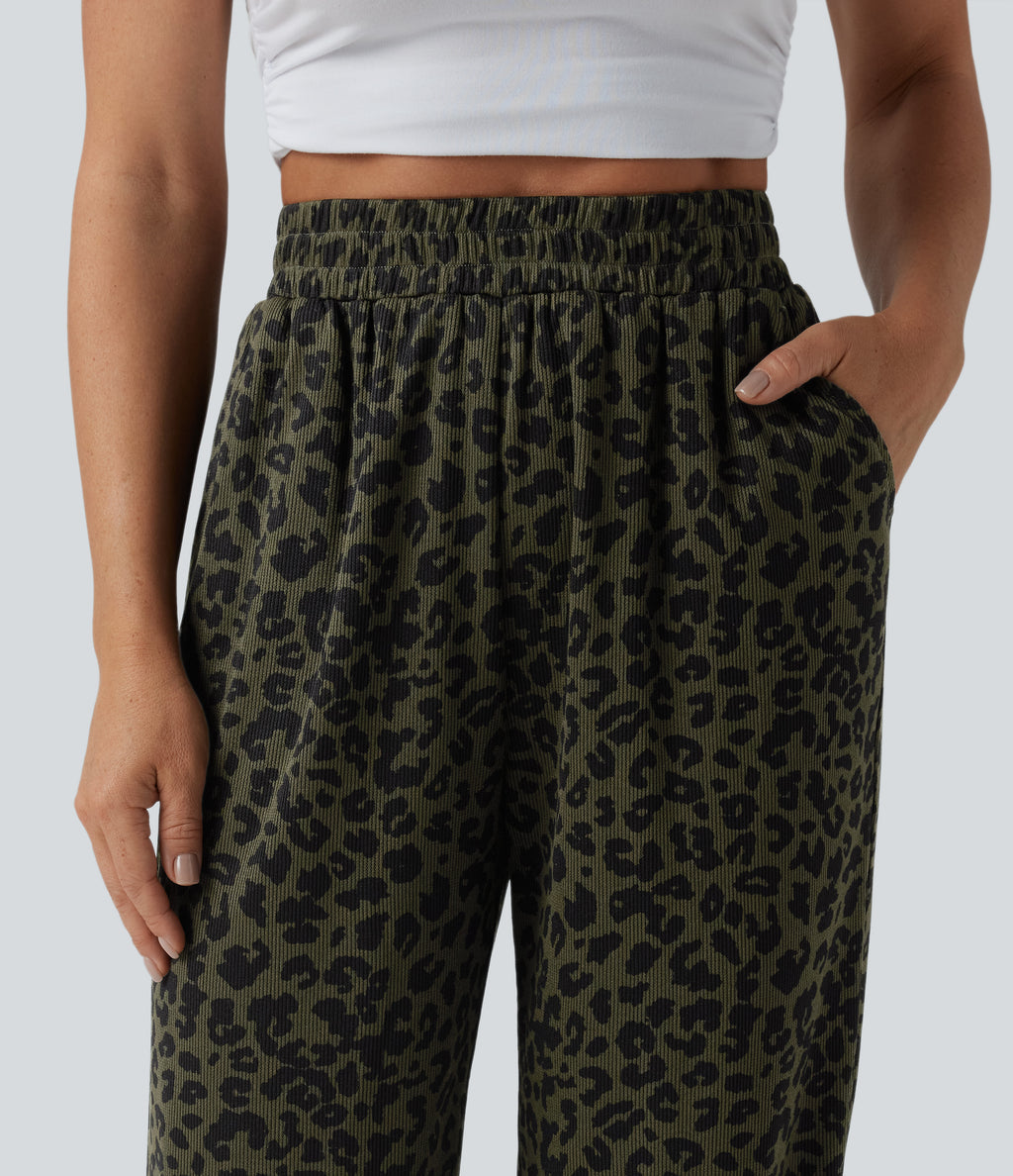 High Waisted Leopard Print Casual Joggers with Pockets — Olive Noir — view 4