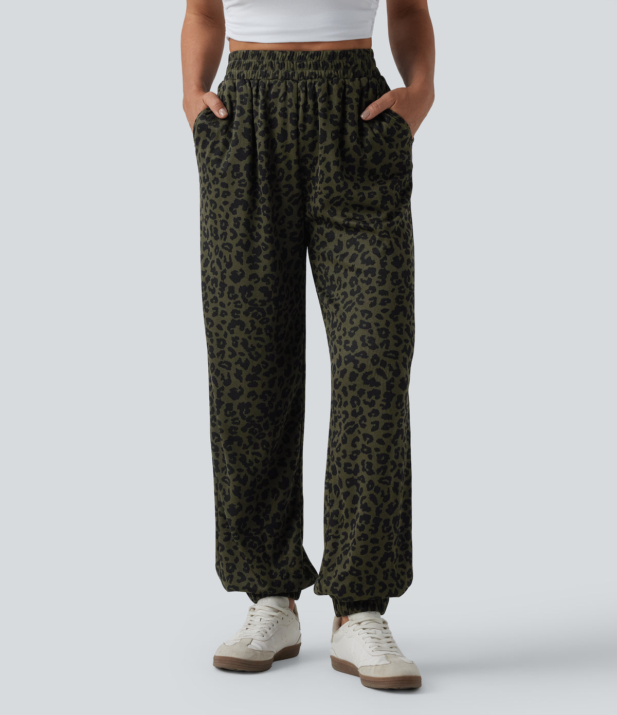 High Waisted Leopard Print Casual Joggers with Pockets — Olive Noir — view 1
