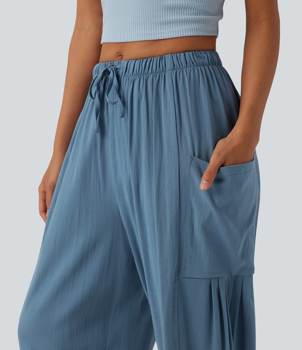 High Waisted Drawstring Curved Hem Cropped Casual Linen-Feel Trousers with Pockets — Light Blue — view 4