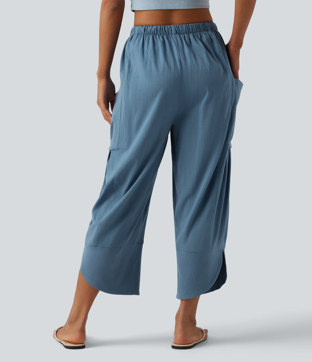 High Waisted Drawstring Curved Hem Cropped Casual Linen-Feel Trousers with Pockets — Light Blue — view 2
