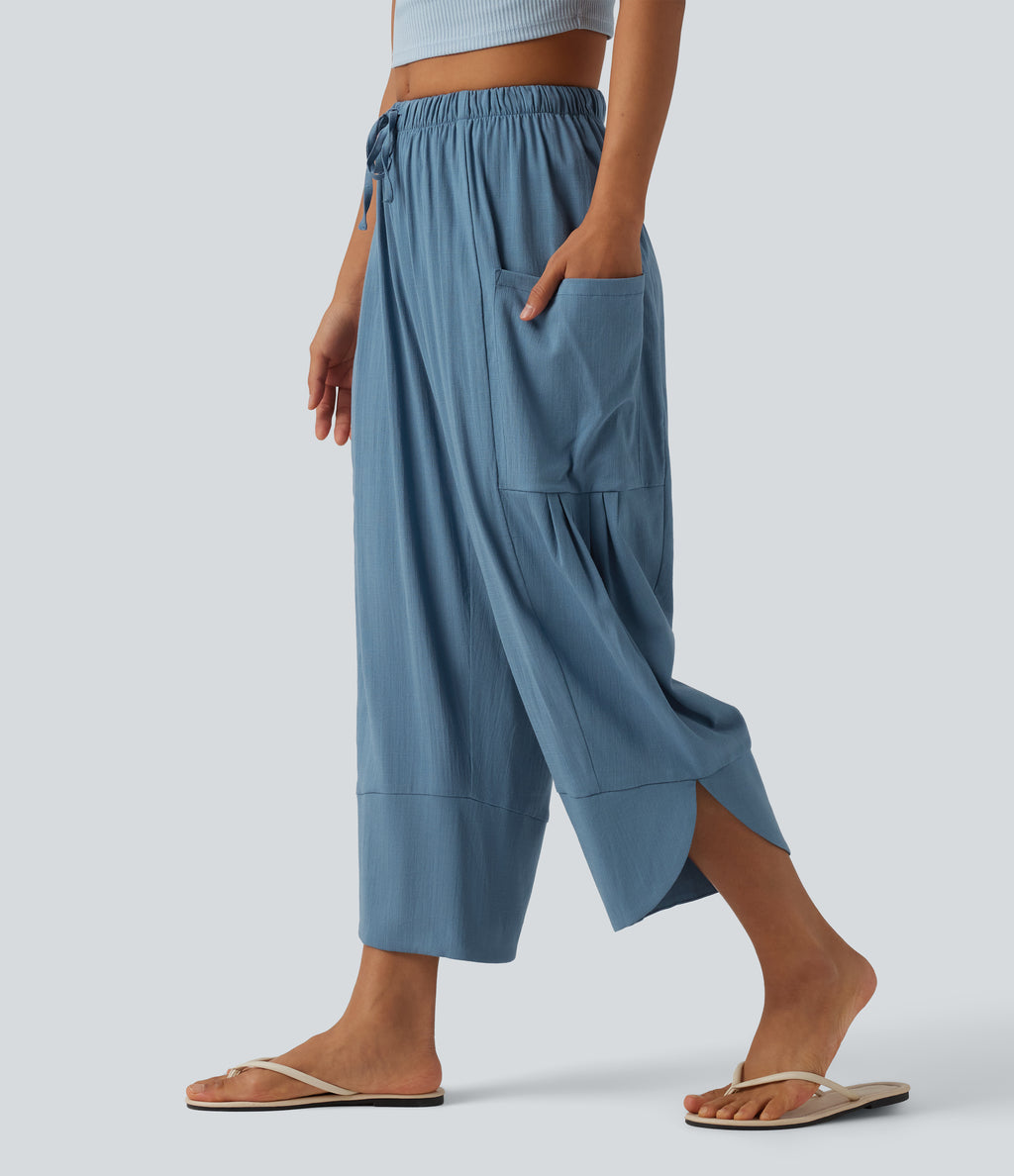 High Waisted Drawstring Curved Hem Cropped Casual Linen-Feel Trousers with Pockets — Light Blue — view 3