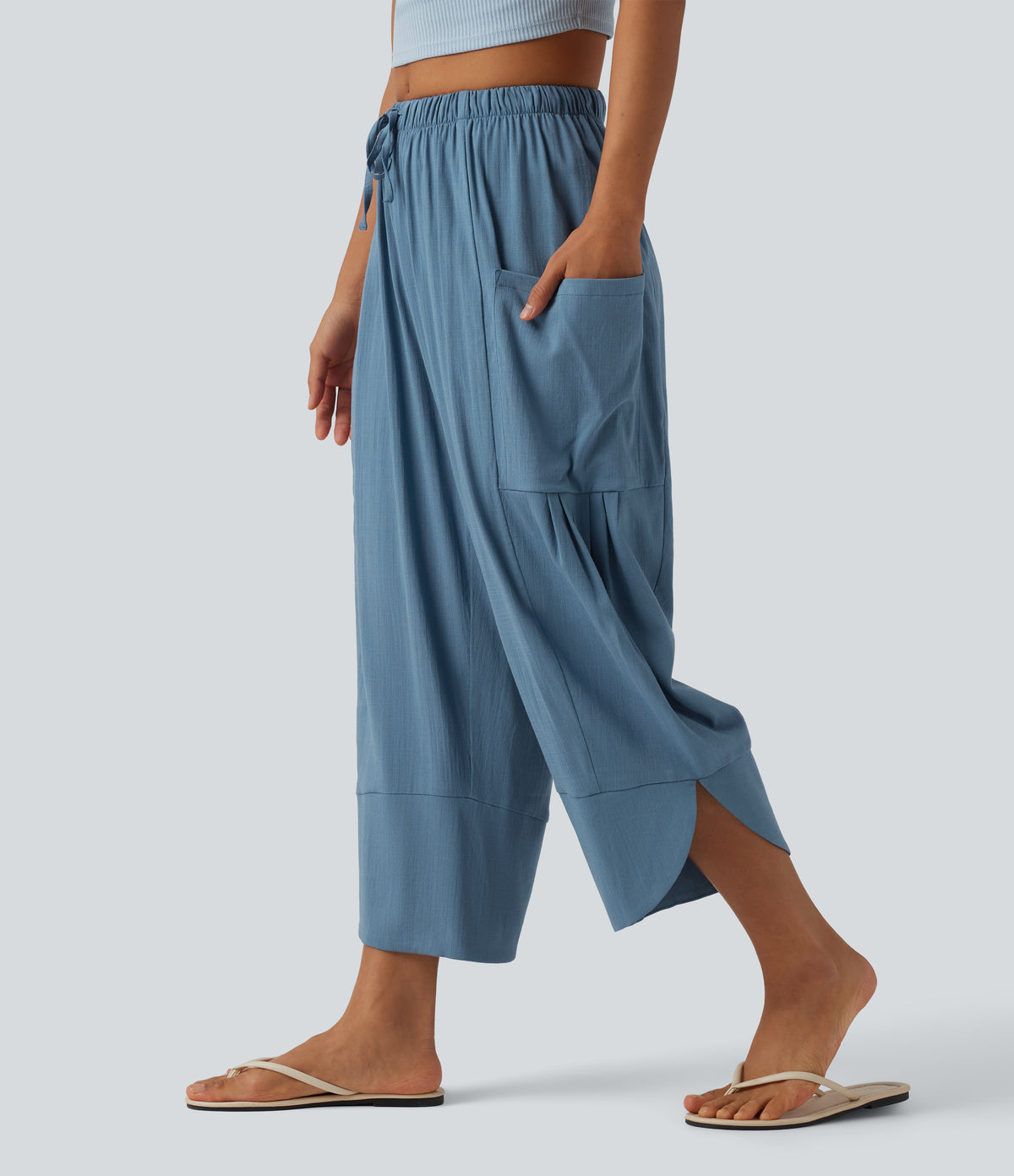 High Waisted Drawstring Curved Hem Cropped Casual Linen-Feel Trousers with Pockets — Light Blue — view 3