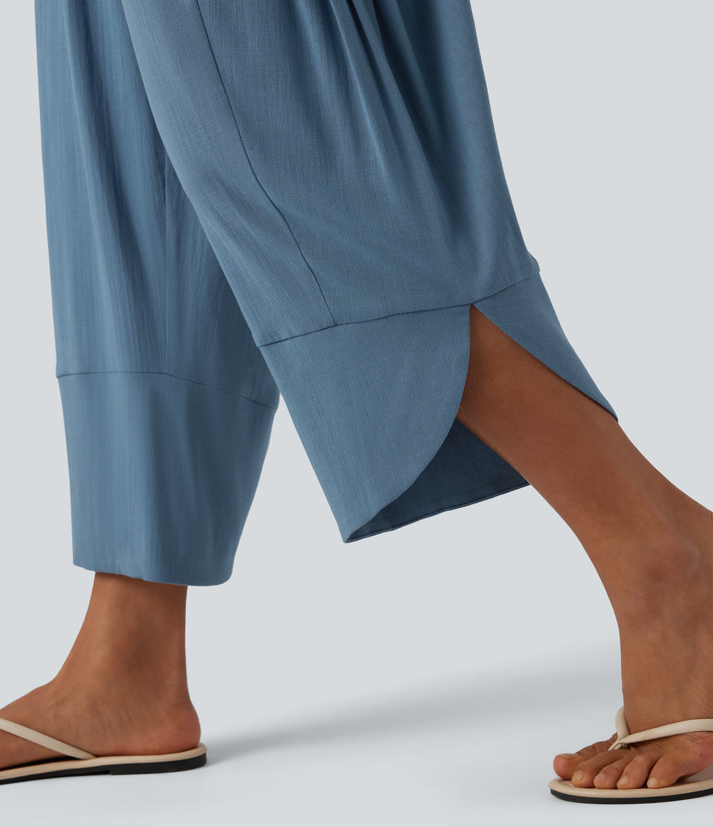 High Waisted Drawstring Curved Hem Cropped Casual Linen-Feel Trousers with Pockets — Light Blue — view 5
