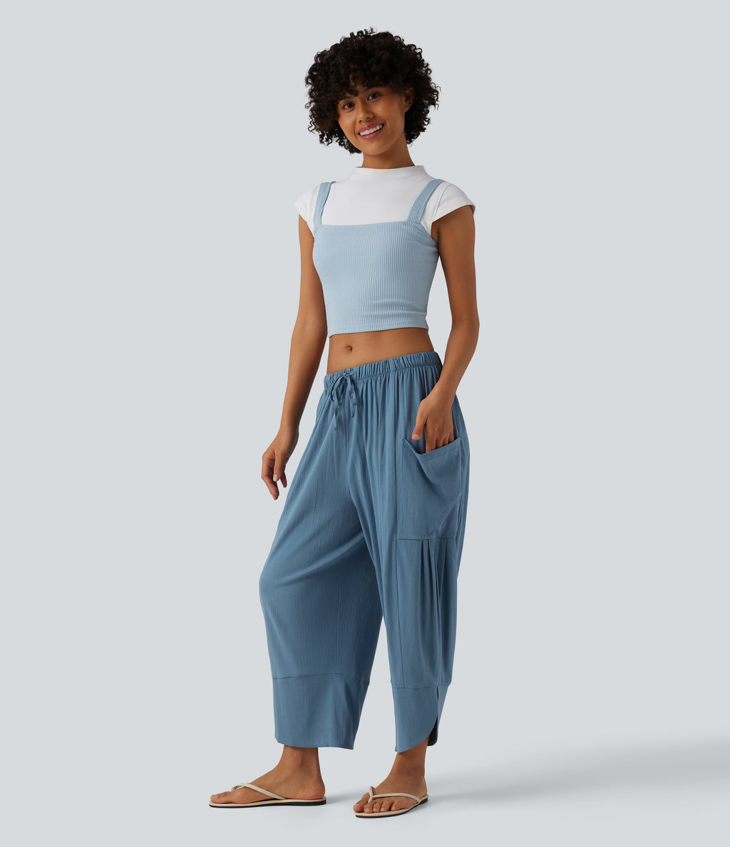 High Waisted Drawstring Curved Hem Cropped Casual Linen-Feel Trousers with Pockets — Light Blue — view 6
