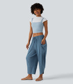High Waisted Drawstring Curved Hem Cropped Casual Linen-Feel Trousers with Pockets — Light Blue — view 6
