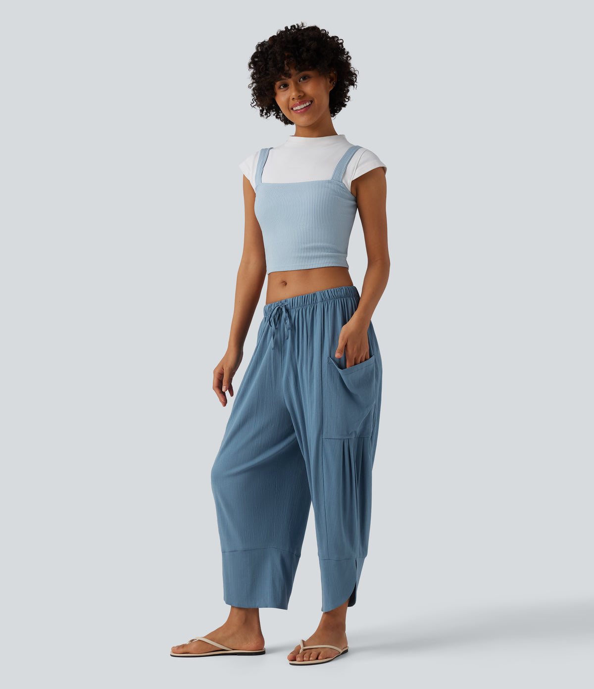 High Waisted Drawstring Curved Hem Cropped Casual Linen-Feel Trousers with Pockets — Light Blue — view 6