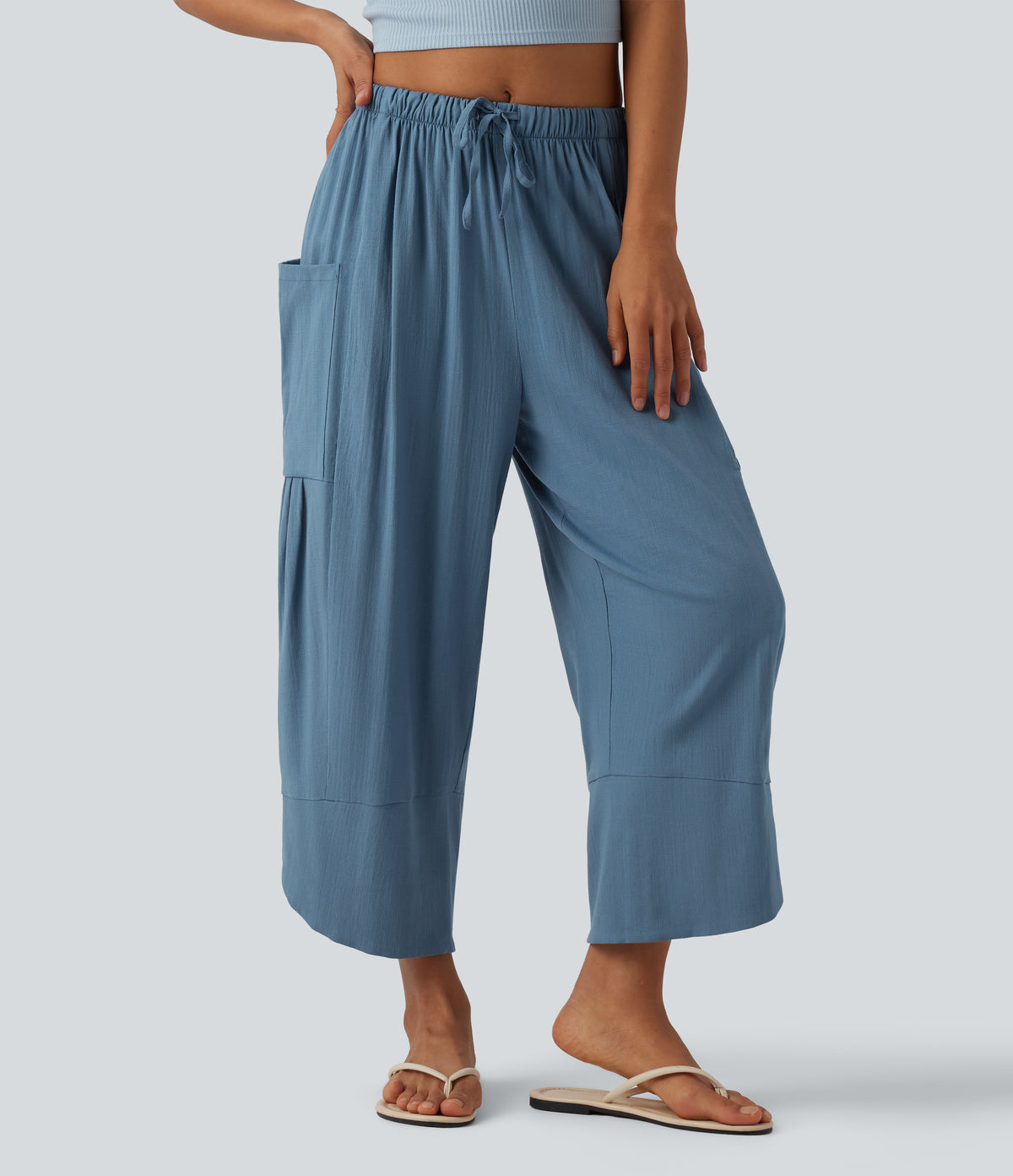 High Waisted Drawstring Curved Hem Cropped Casual Linen-Feel Trousers with Pockets — Light Blue — view 1