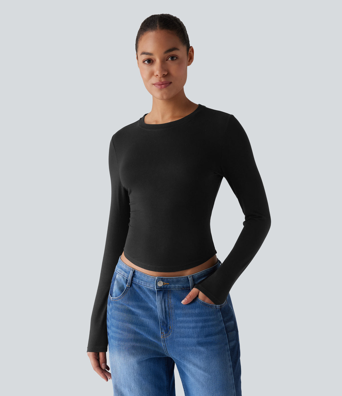 Round Neck Long Sleeve Casual T-Shirt — Black — view 7