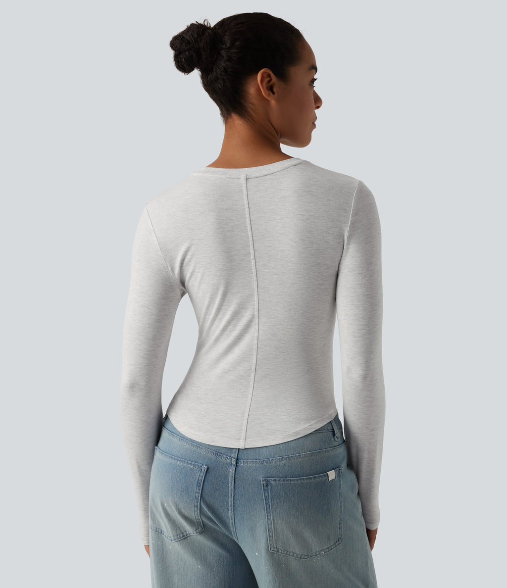 Round Neck Long Sleeve Casual T-Shirt — White Floral Velvet — view 4