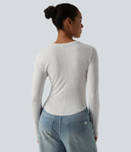 Round Neck Long Sleeve Casual T-Shirt — White Floral Velvet — view 4