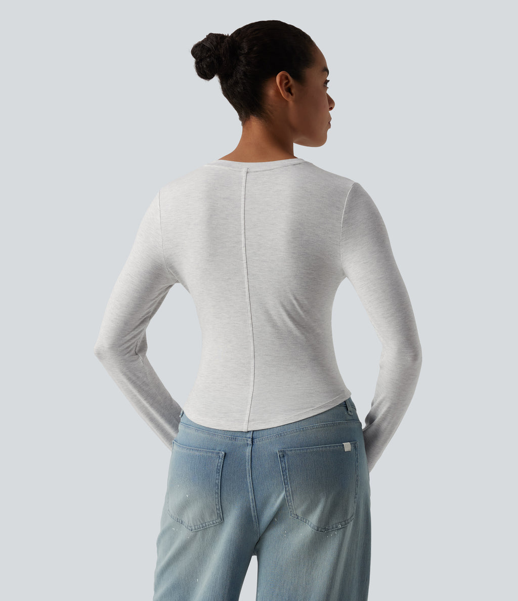 Round Neck Long Sleeve Casual T-Shirt — White Floral Velvet — view 2