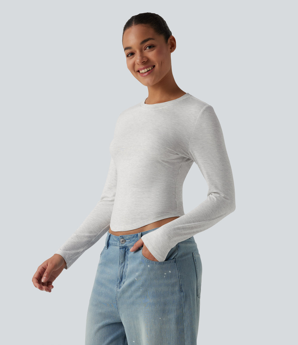 Round Neck Long Sleeve Casual T-Shirt — White Floral Velvet — view 5