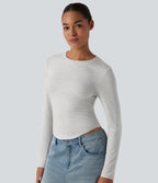 Round Neck Long Sleeve Casual T-Shirt — White Floral Velvet — view 3