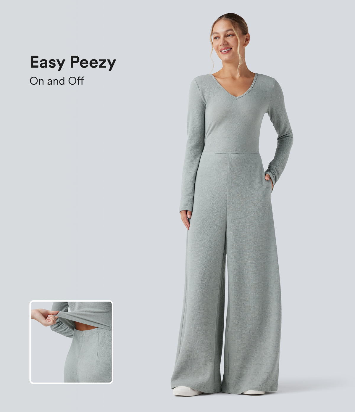 V Neck Long Sleeve Casual Jumpsuit with Pockets-Edition — Belgian Block — view 1