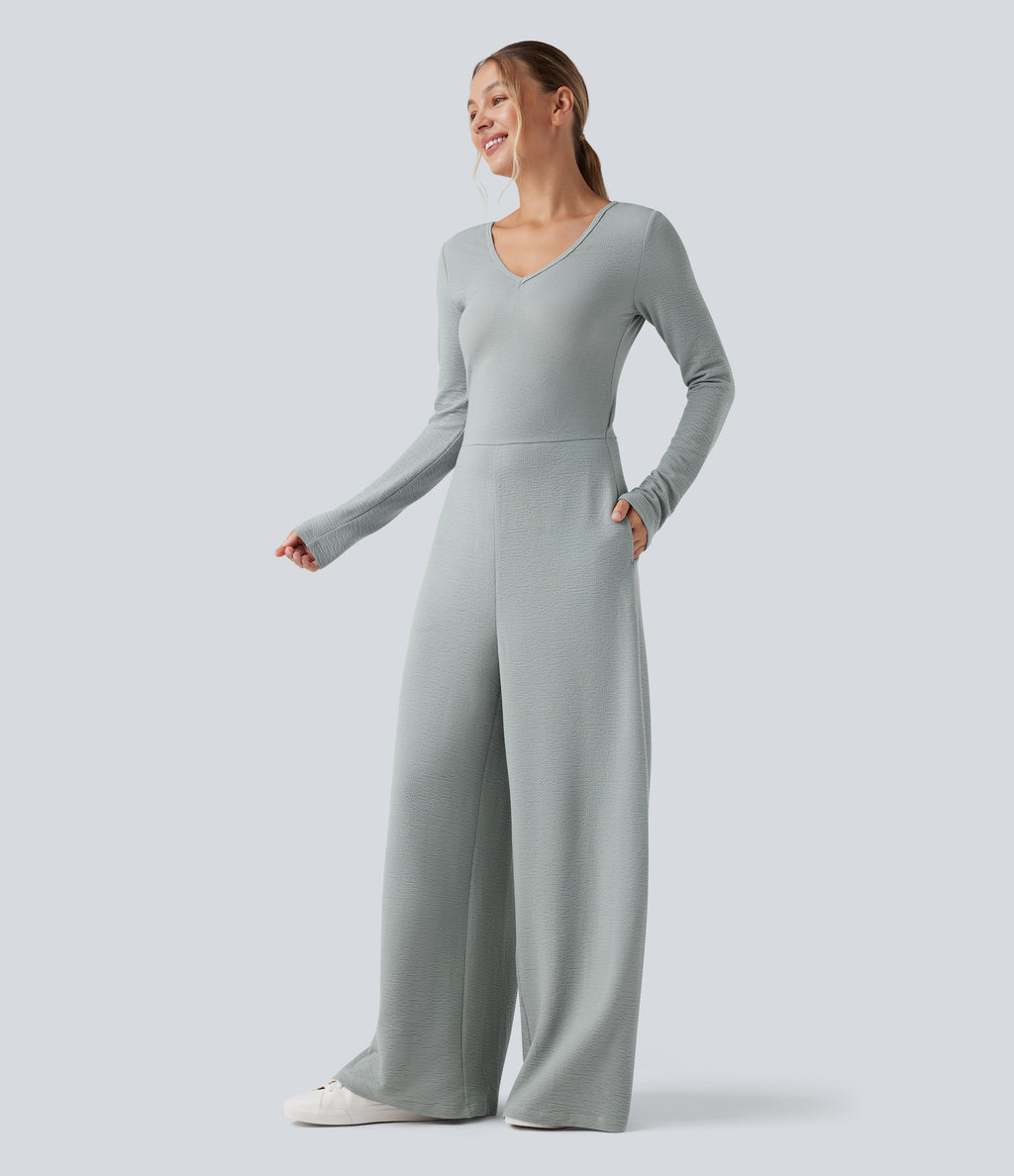 V Neck Long Sleeve Casual Jumpsuit with Pockets-Edition — Belgian Block — view 3