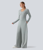 V Neck Long Sleeve Casual Jumpsuit with Pockets-Edition — Belgian Block — view 3
