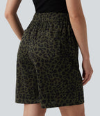 High Waisted Leopard Print Casual Bermuda Shorts with Pockets — Olive Noir — view 4