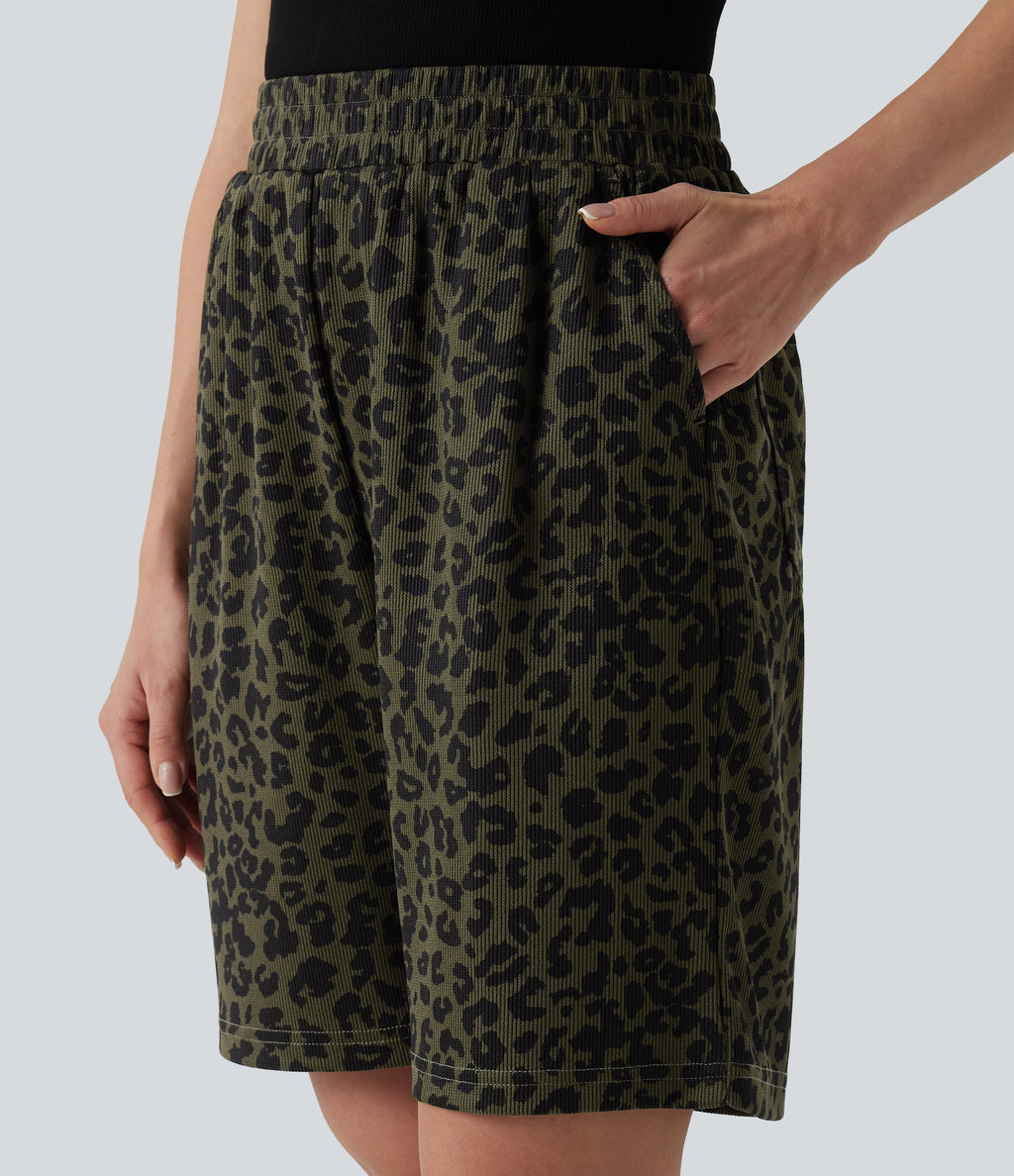 High Waisted Leopard Print Casual Bermuda Shorts with Pockets — Olive Noir — view 5