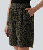 High Waisted Leopard Print Casual Bermuda Shorts with Pockets — Olive Noir — view 5