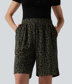 High Waisted Leopard Print Casual Bermuda Shorts with Pockets — Olive Noir — view 1