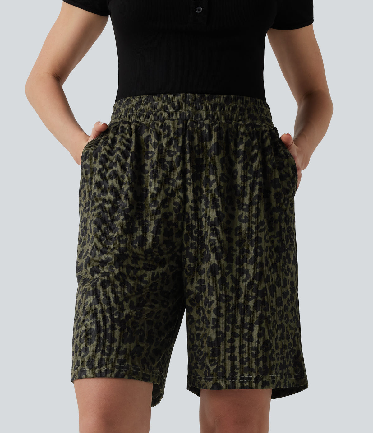 High Waisted Leopard Print Casual Bermuda Shorts with Pockets — Olive Noir — view 1