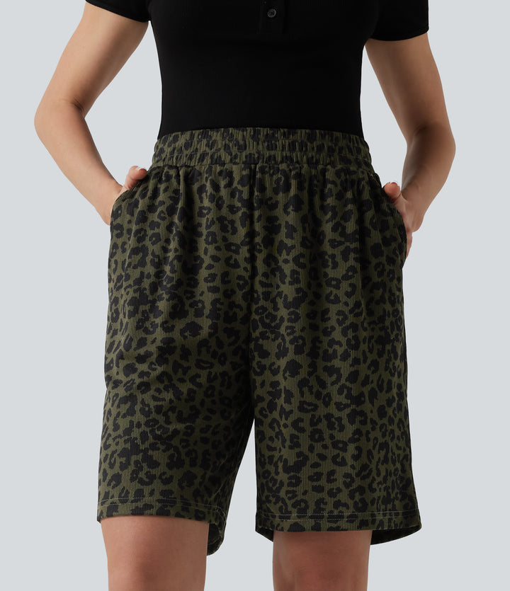 High Waisted Leopard Print Casual Bermuda Shorts with Pockets — Olive Noir — view 1