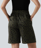 High Waisted Leopard Print Casual Bermuda Shorts with Pockets — Olive Noir — view 2