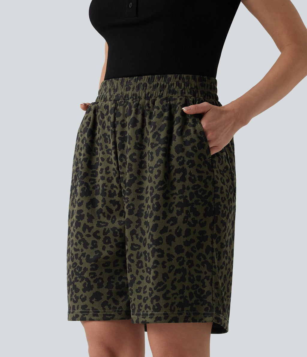 High Waisted Leopard Print Casual Bermuda Shorts with Pockets — Olive Noir — view 3