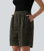 High Waisted Leopard Print Casual Bermuda Shorts with Pockets — Olive Noir — view 3