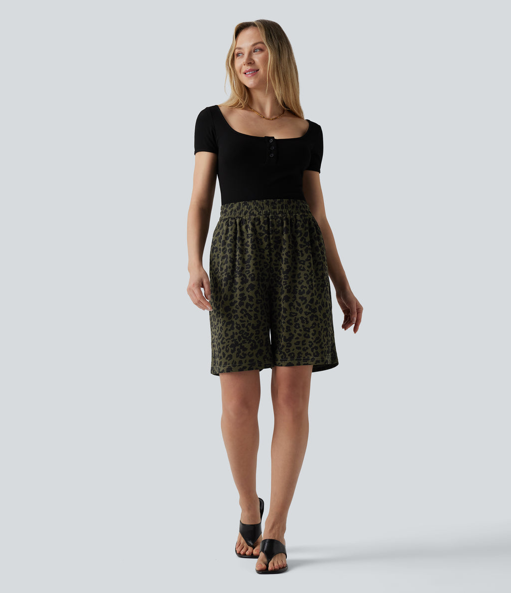 High Waisted Leopard Print Casual Bermuda Shorts with Pockets — Olive Noir — view 6
