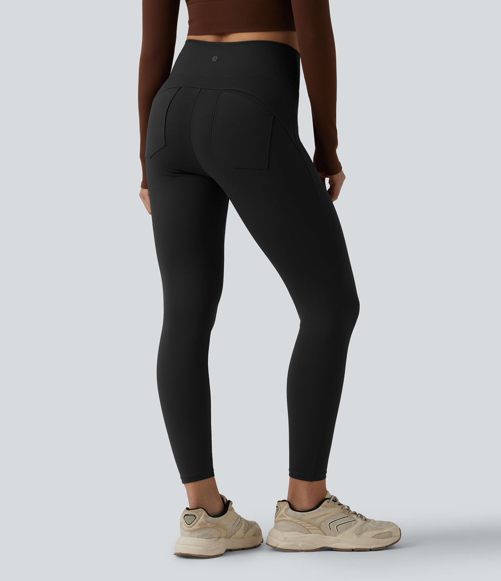 High Waisted Tummy Control Skinny Yoga Leggings with Pockets — Black — view 2