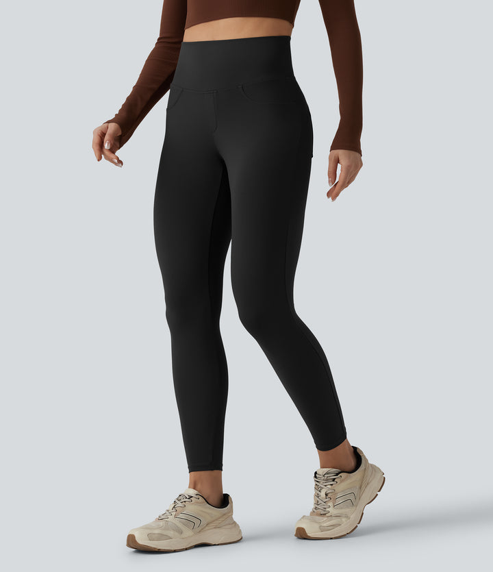 High Waisted Tummy Control Skinny Yoga Leggings with Pockets — Black — view 1