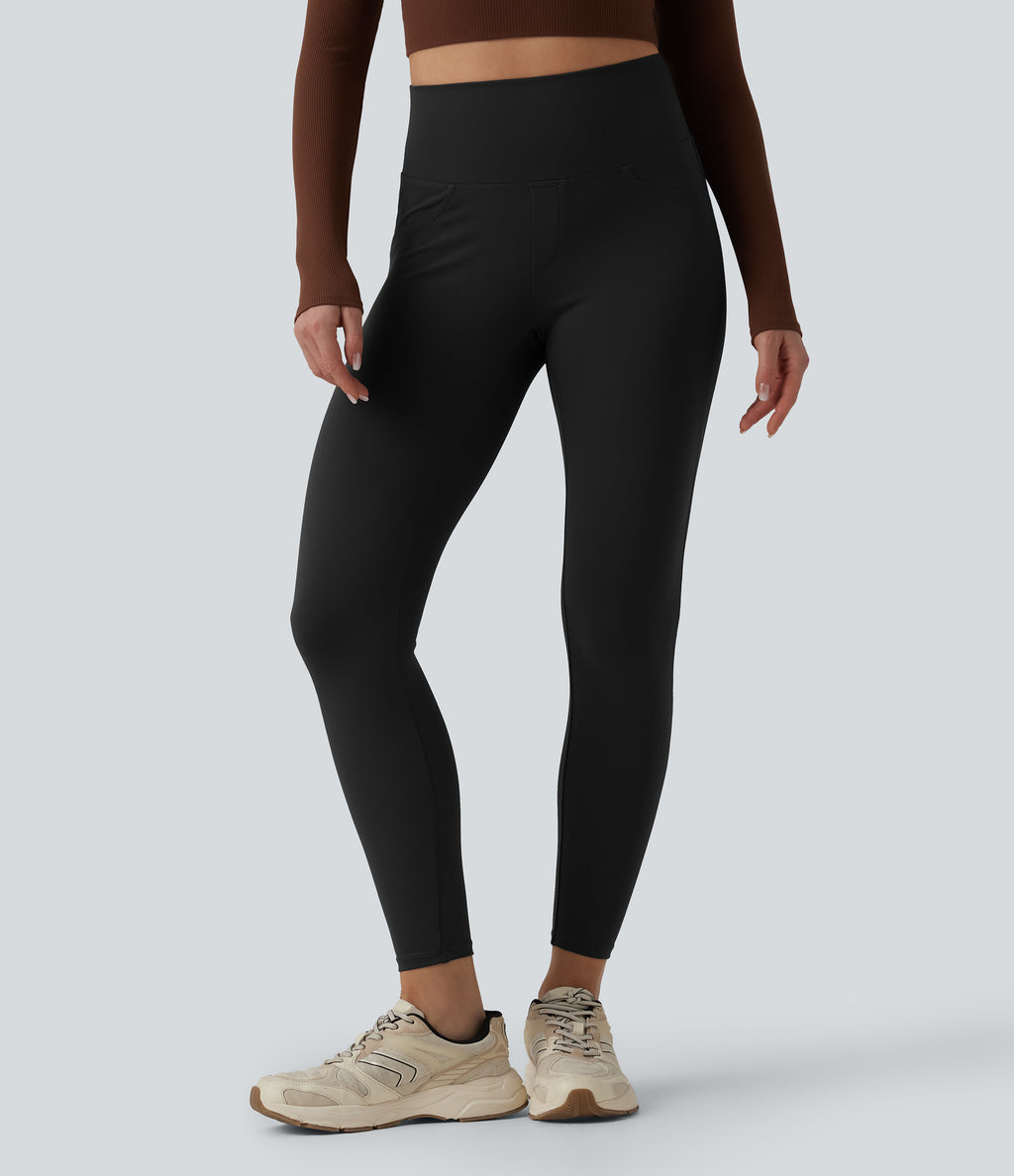 High Waisted Tummy Control Skinny Yoga Leggings with Pockets — Black — view 3