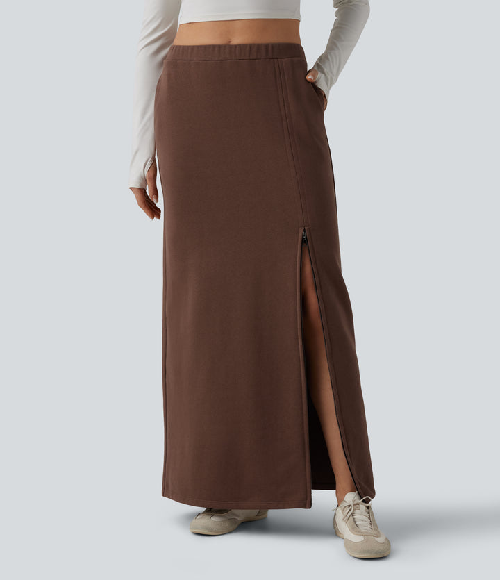 High Waisted French Terry Maxi Casual Cotton Skirt with Pockets — Fondue Fudge — view 1