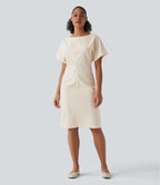 Boat Neck Short Sleeve Midi Work Linen-Blend Dress — Linen Glow — view 1