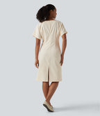 Boat Neck Short Sleeve Midi Work Linen-Blend Dress — Linen Glow — view 2