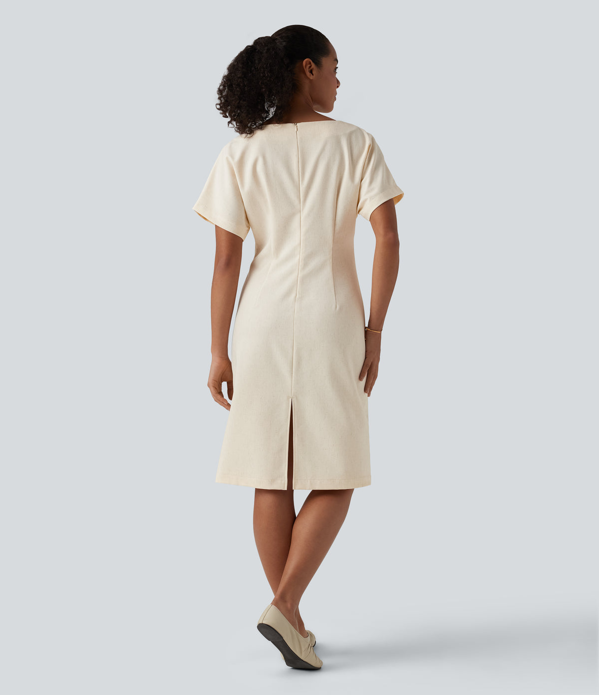 Boat Neck Short Sleeve Midi Work Linen-Blend Dress — Linen Glow — view 2