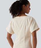 Boat Neck Short Sleeve Midi Work Linen-Blend Dress — Linen Glow — view 4