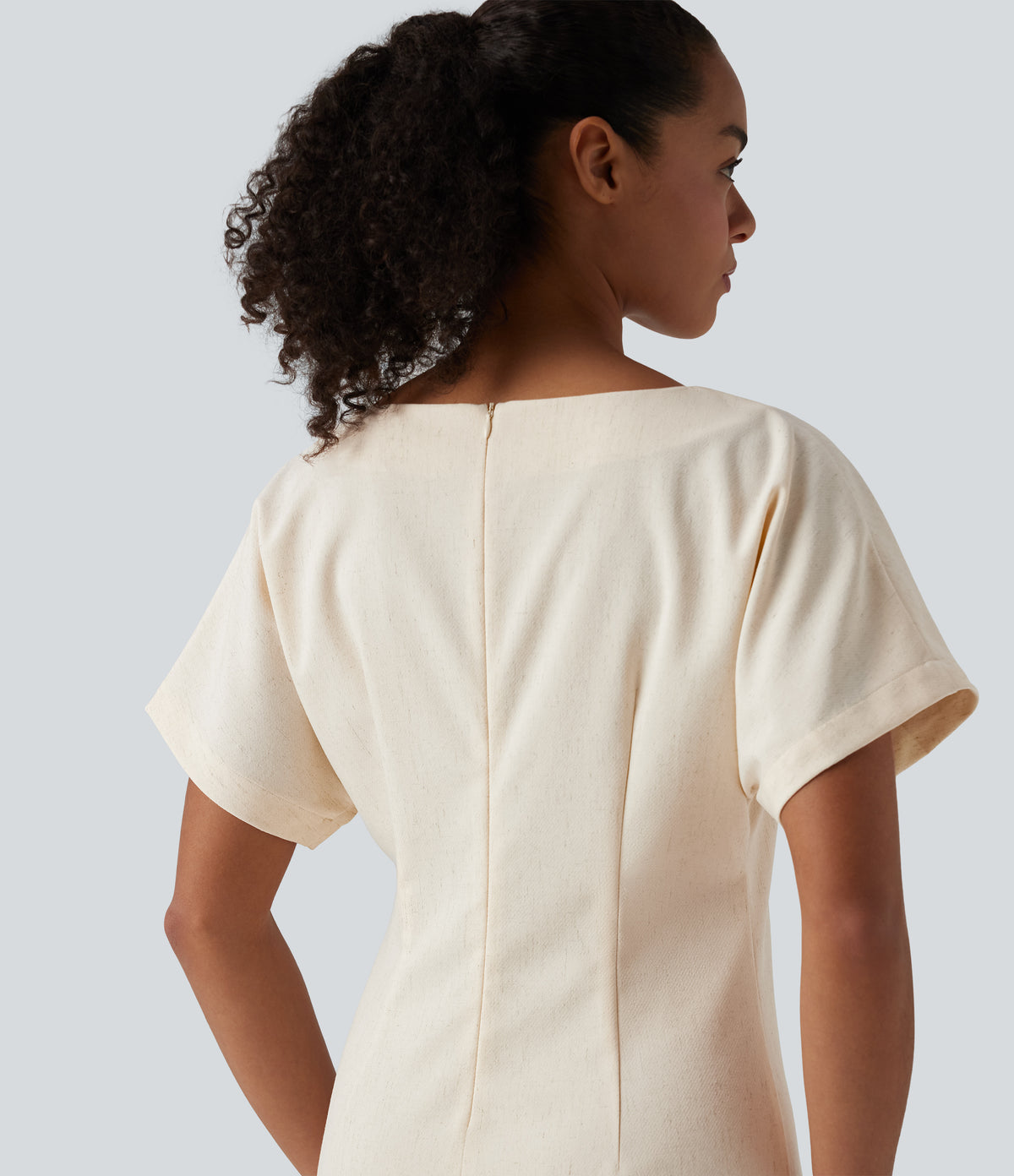 Boat Neck Short Sleeve Midi Work Linen-Blend Dress — Linen Glow — view 4