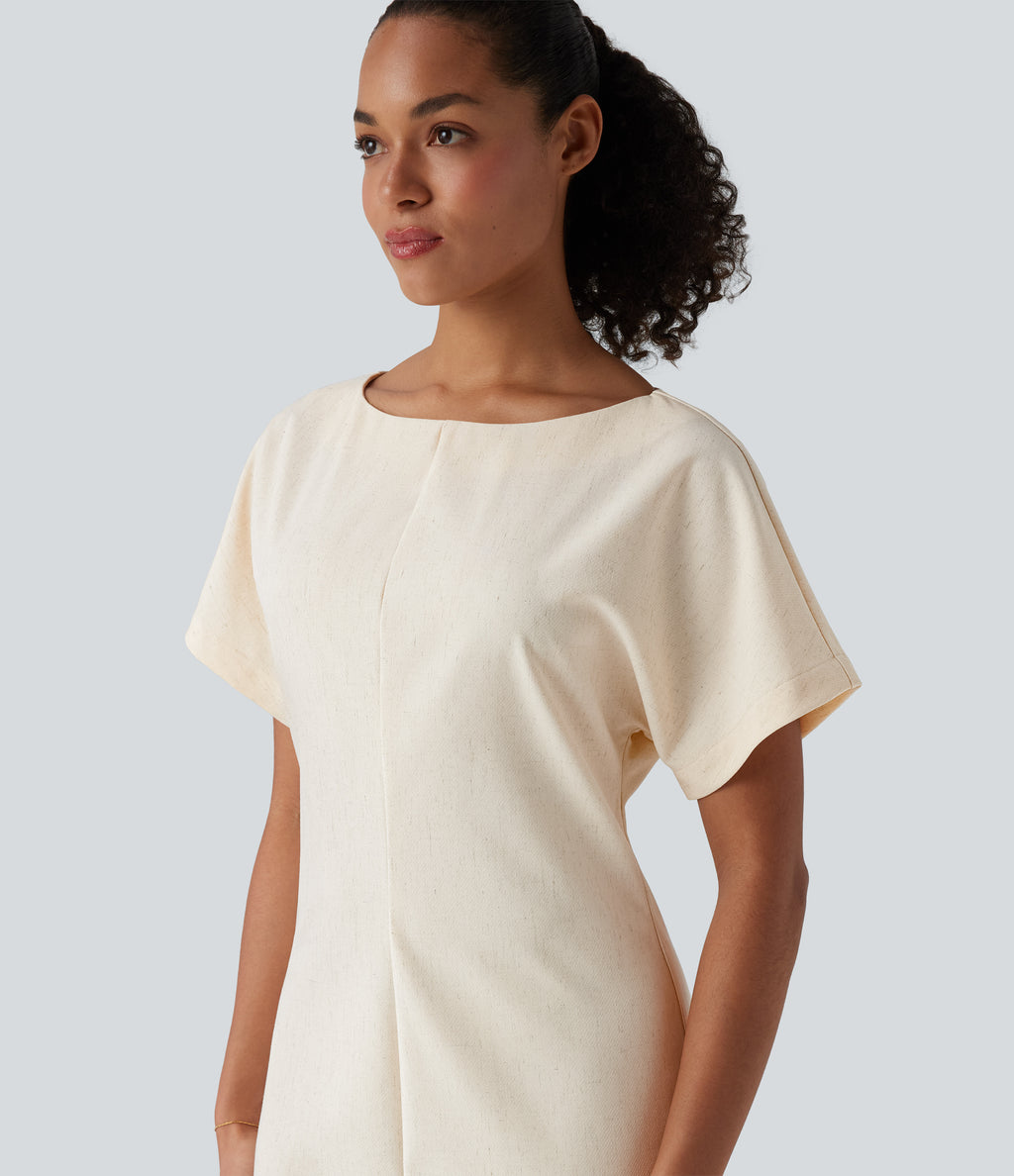 Boat Neck Short Sleeve Midi Work Linen-Blend Dress — Linen Glow — view 5