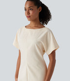 Boat Neck Short Sleeve Midi Work Linen-Blend Dress — Linen Glow — view 5