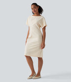Boat Neck Short Sleeve Midi Work Linen-Blend Dress — Linen Glow — view 3