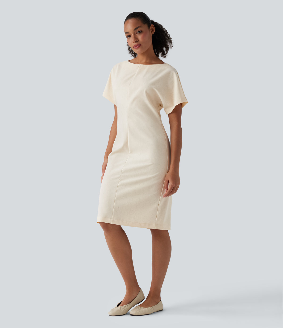 Boat Neck Short Sleeve Midi Work Linen-Blend Dress — Linen Glow — view 3