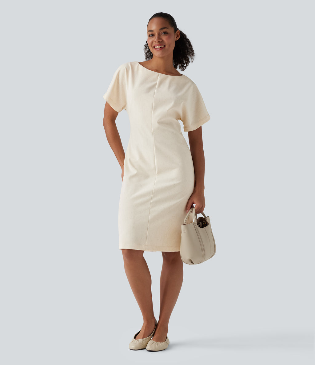 Boat Neck Short Sleeve Midi Work Linen-Blend Dress — Linen Glow — view 7