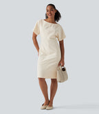 Boat Neck Short Sleeve Midi Work Linen-Blend Dress — Linen Glow — view 7