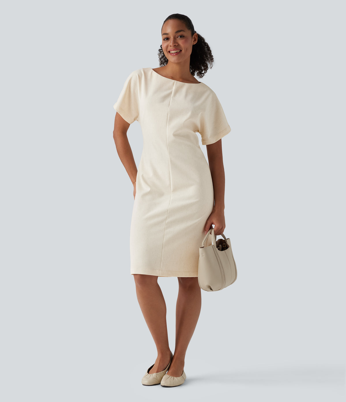 Boat Neck Short Sleeve Midi Work Linen-Blend Dress — Linen Glow — view 7